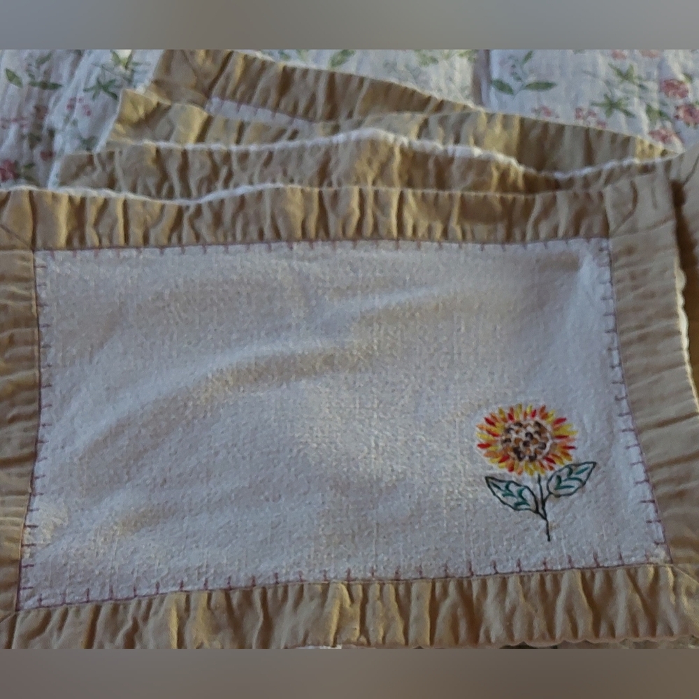 Vintage handmade cotton flower embroidered placemats set of six
